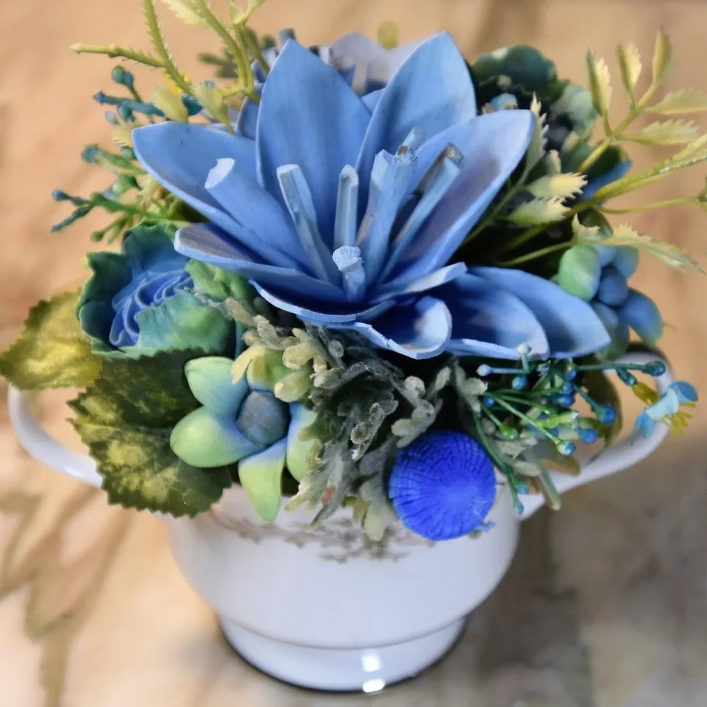 Vintage Sango sugar bowl filled with Sola flowers airbrushed in soothing blues